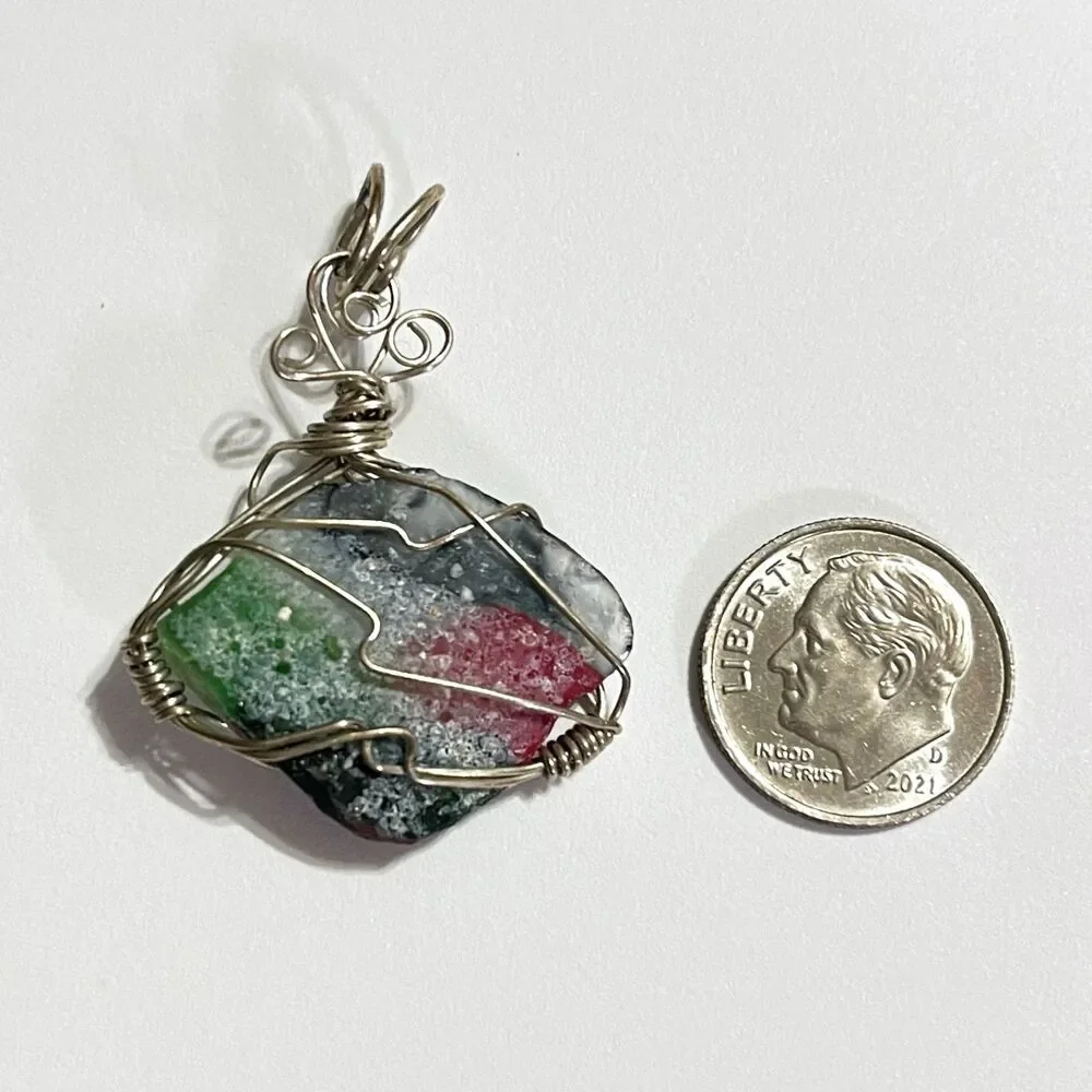 Silver Tone Wire Wrap Pendant Multicolor Imitation Stone Rock Unique Boho Chic